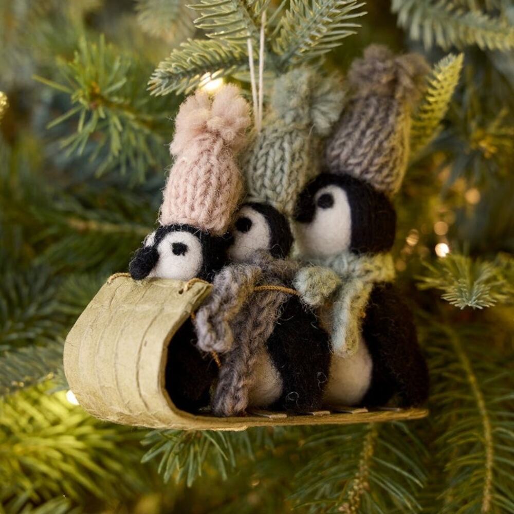 NWT West Elm Felted Penguin Sleigh Sled Fun Christmas Ornament